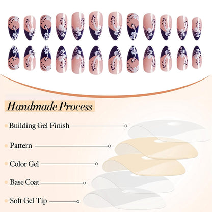 24 Stück French Nails Press on Nails Nüdescht Pink False Nails Almond Acryl Nägel False Nails Mit Weiße Blumen Designs Stick on Nails Blaue Spitze Klebe Nails