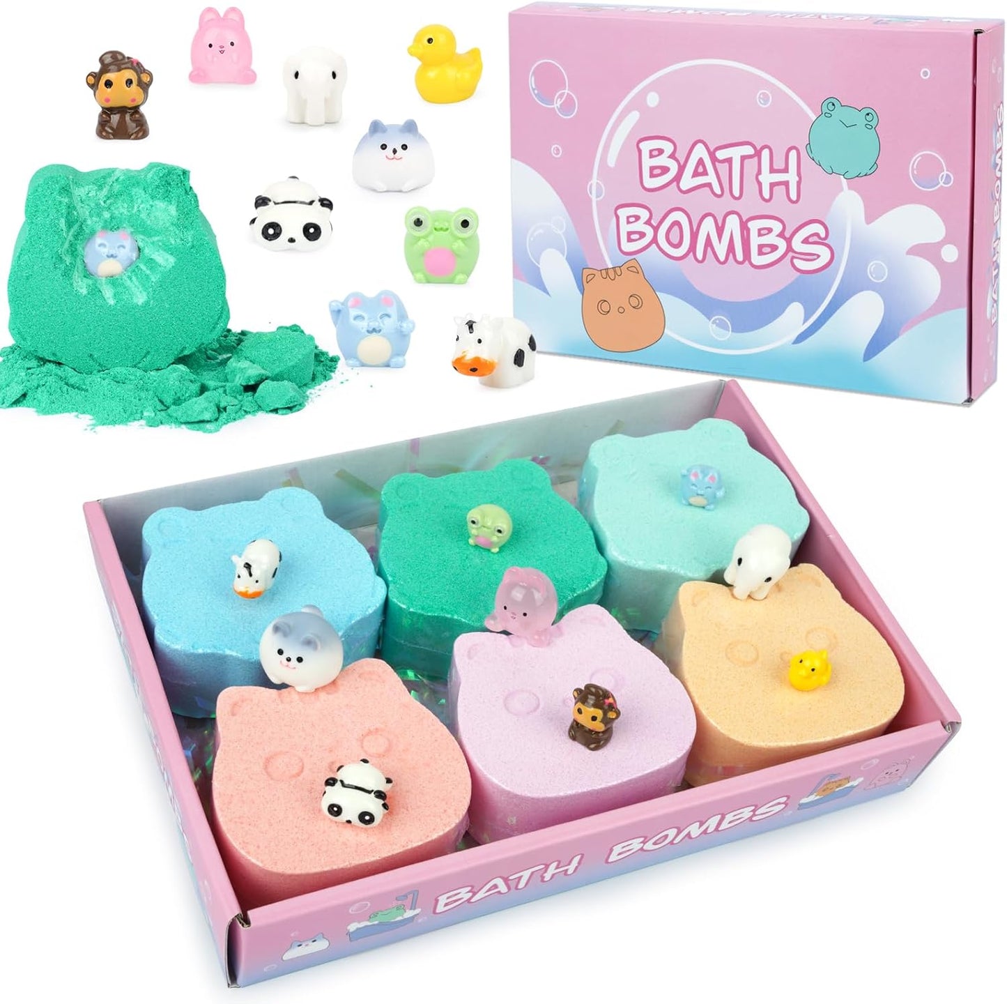Kids Bath Bombs - 6 Pack with Toys Inside, Fun Frog & Cat Bath Bombs, Bubble Bath for Kids