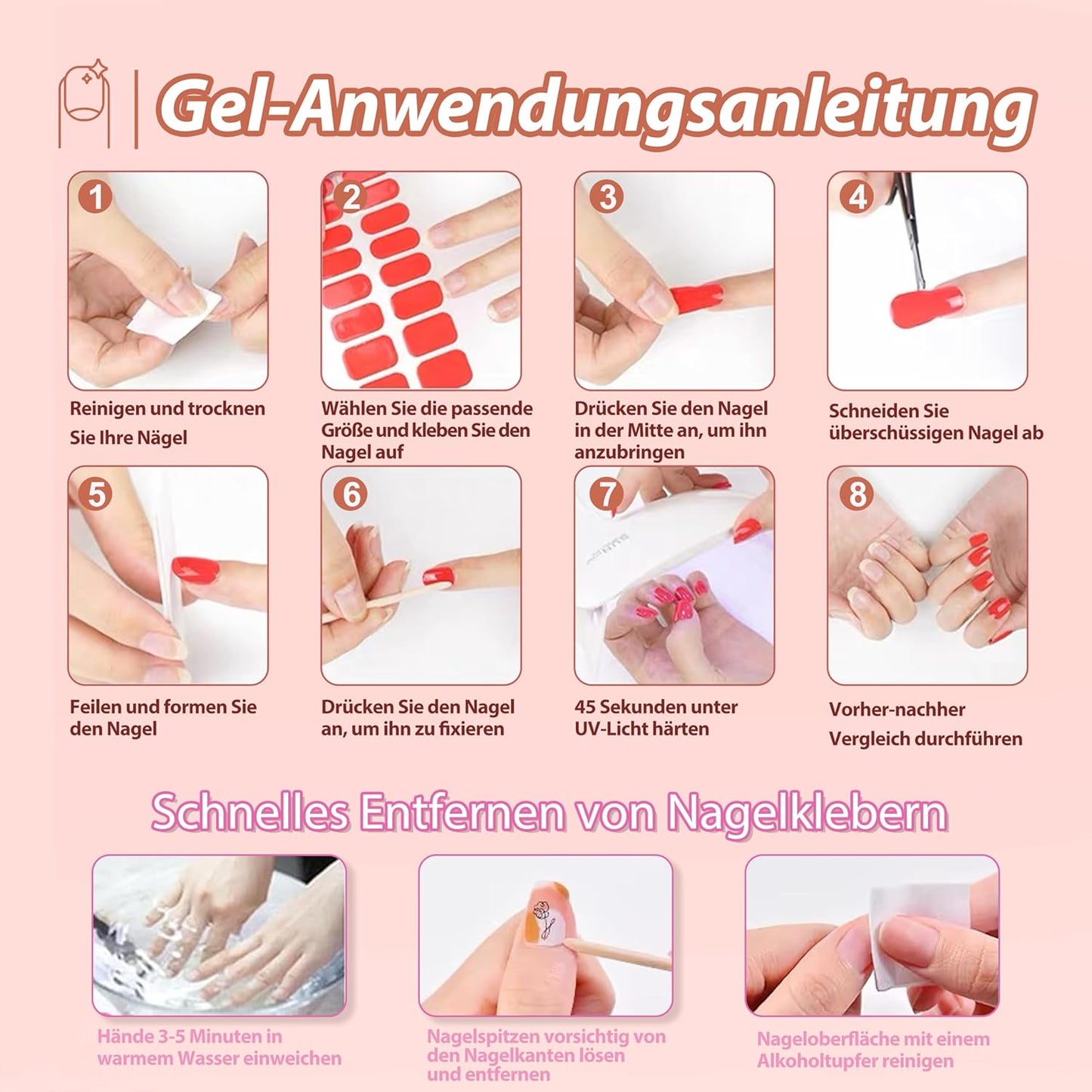 20Stk Nagellack Aufkleber, UV Nagelfolie Für Hände, Full Wraps Nagelaufkleber Led-Lampe Erforderlich Cured Gel Nail Strips Mit Nagelfeile Und Stick Für Frauen (Pink French, 24X)