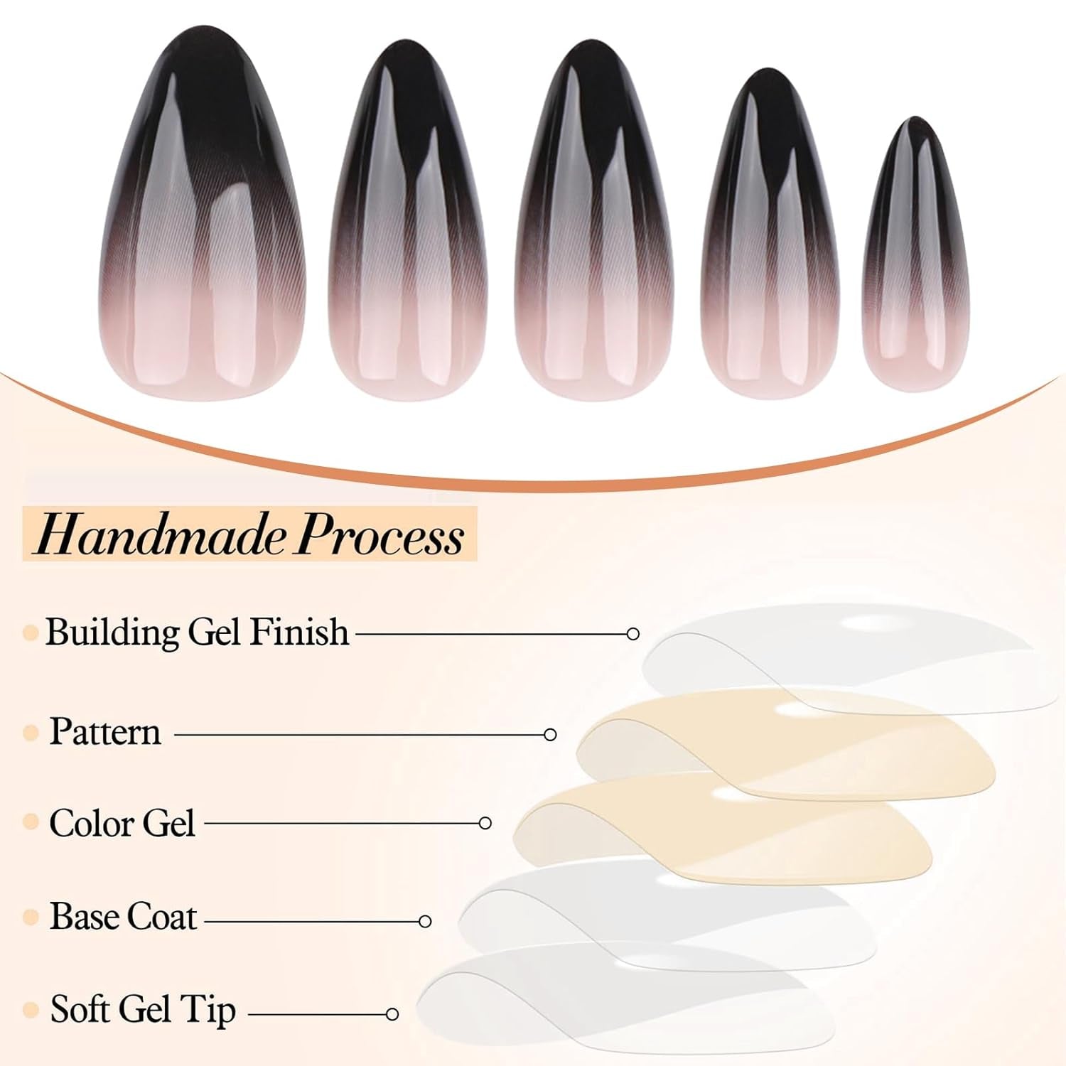 24 Stücke Schwarze Press on Nails Mittel Almond Gotische Falsche Nägel Schwarz Ombre Akryl Glänzend Klebe-Auf Stiletto Künstliche