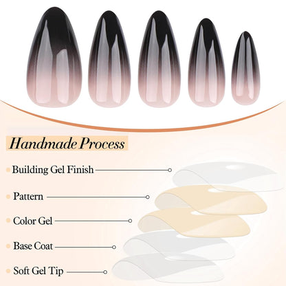 24 Stücke Schwarze Press on Nails Mittel Almond Gotische Falsche Nägel Schwarz Ombre Akryl Glänzend Klebe-Auf Stiletto Künstliche