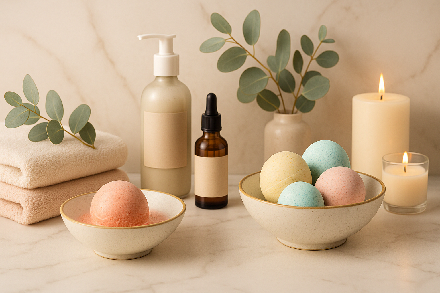 Maak een header image die klanten voor een webshop in bath bombs, wellness (thuis in de badkamer) en skincare producten goed aanspreekt.  stijlvol en hip